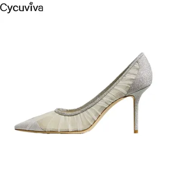 

Sexy Pointed Toe High Heels Pumps Woman Glitter Mesh Thin High Heel Wedding Shoes Silver Ladies Dress Party Shoes Woman