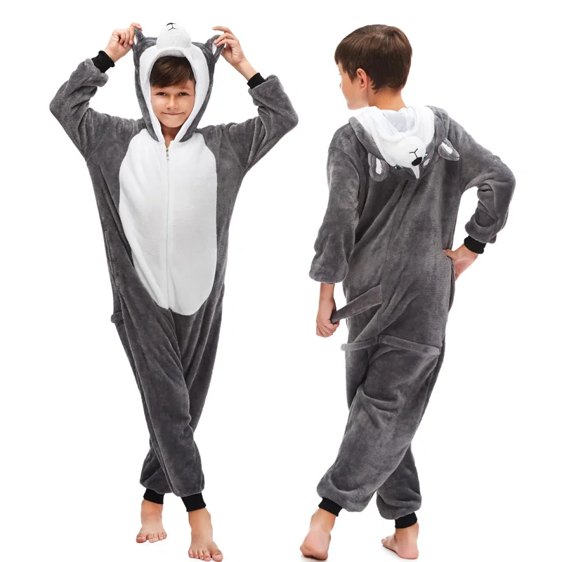 Кигуруми динозавр собака с капюшоном пижамы для детей мальчики девочки животное единорог стежка пижамы набор зимние дети сладкие рождественские одежды пижамы домашняя одежда для девочек мальчиков пижама единорога - Цвет: Gray Dog