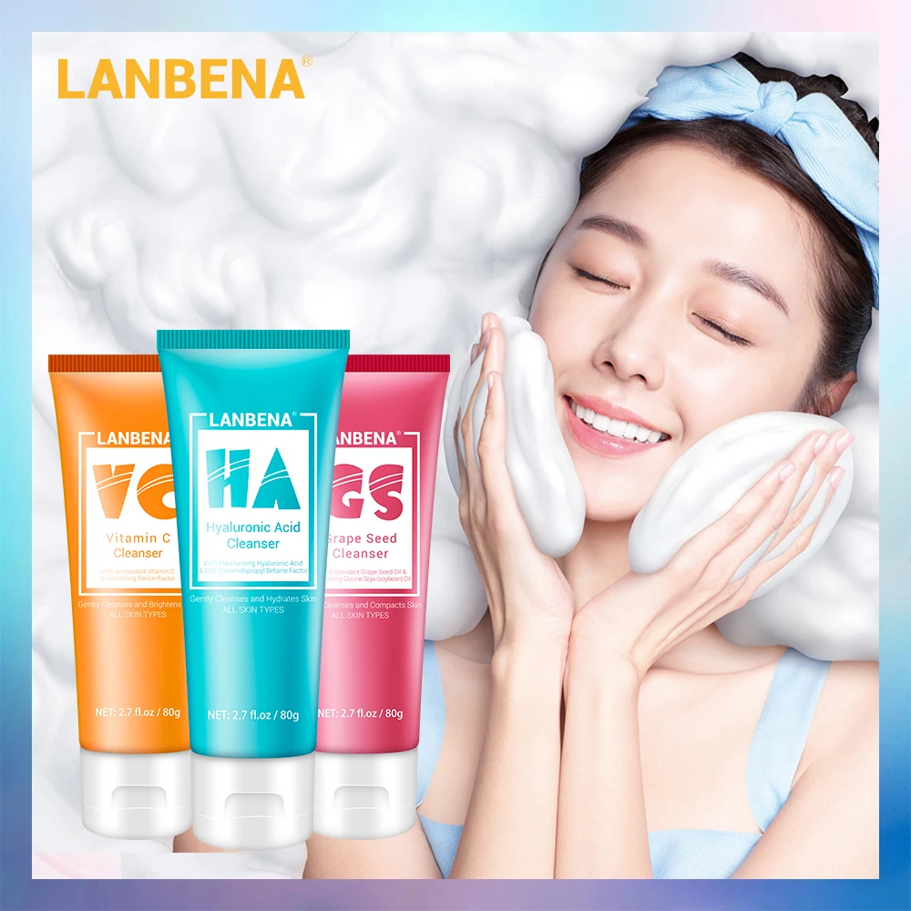 

LANBENA Grape Seed VC Hyaluronic Cleaning Moisturizing Whitening Brightening Oil Control Shrink Pore Mild Facial Cleanser 80g