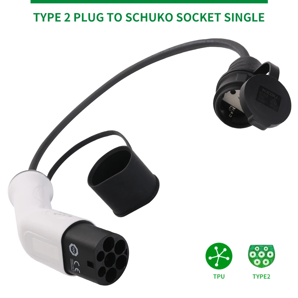 16A Type1 to Schuko EV Charging Type2 Charging Side Plug to Schuko Socket  Adapter Car Charging Stations for Electric Vehicle