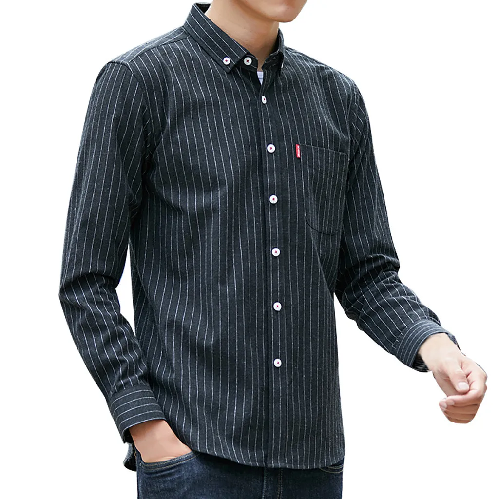 Camisa Masculina, Мужская Новая повседневная модная полосатая Свободная рубашка с отворотом и длинным рукавом, топы, блузка, облегающая, большой размер Xxxxl - Цвет: Dark Gray