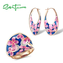 SANTUZZA, Серебряный набор украшений для женщин, 925 пробы, серебряные, элегантные, розовые цветы, серьги, кольцо, набор, хорошее ювелирное изделие, ручная работа, эмаль