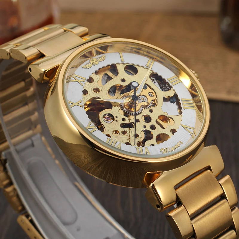 

Winner Gold White Watch Diamond Design Stainless Steel Skeleton Men's Mechanical Watch Clock Relogio