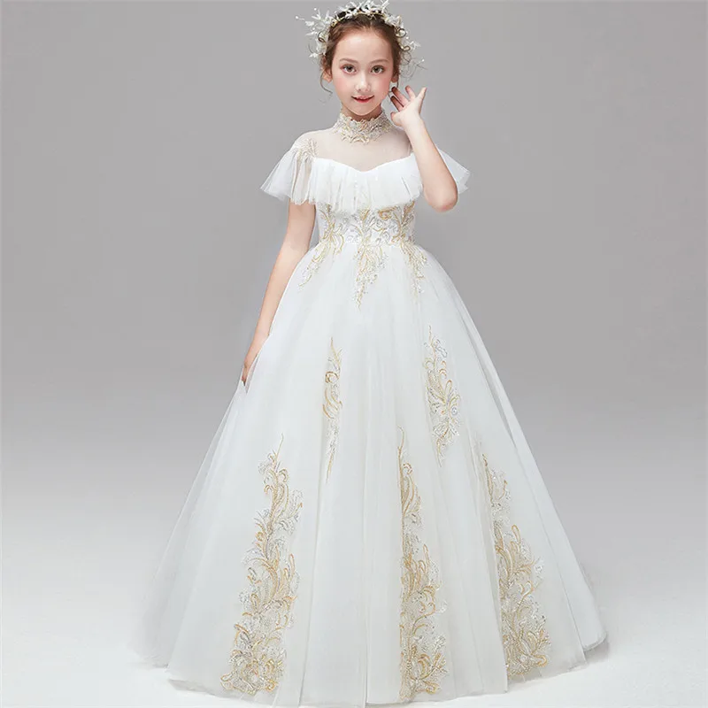 Детское элегантное Сетчатое платье принцессы белого цвета для девочек на свадьбу, день рождения, свадьбу, вечеринку; Модная одежда для детей и подростков; фортепиано костюм