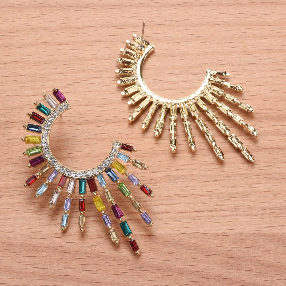 Boho Ethnic Multicolor Crystal Rhinestone Tassel Earrings - Side View