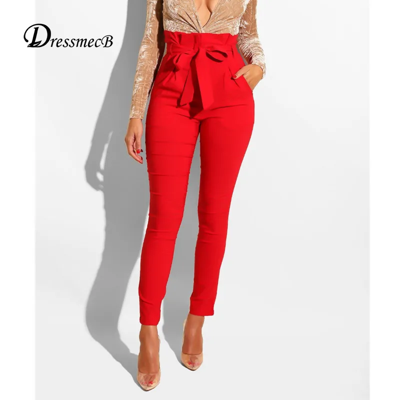 Dressmecb Solid Red Casual Pants Women Pants High Waist Ruched Bow Pencil Pants Female Summer Fashion Autumn Long Trousers 2021