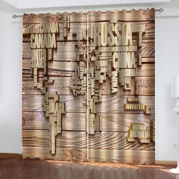 

Retro World Map Letters 2 Panels/set Curtain Block out Fabric Drape Darkening Thermal Insulated Window Curtain Living Bedroom