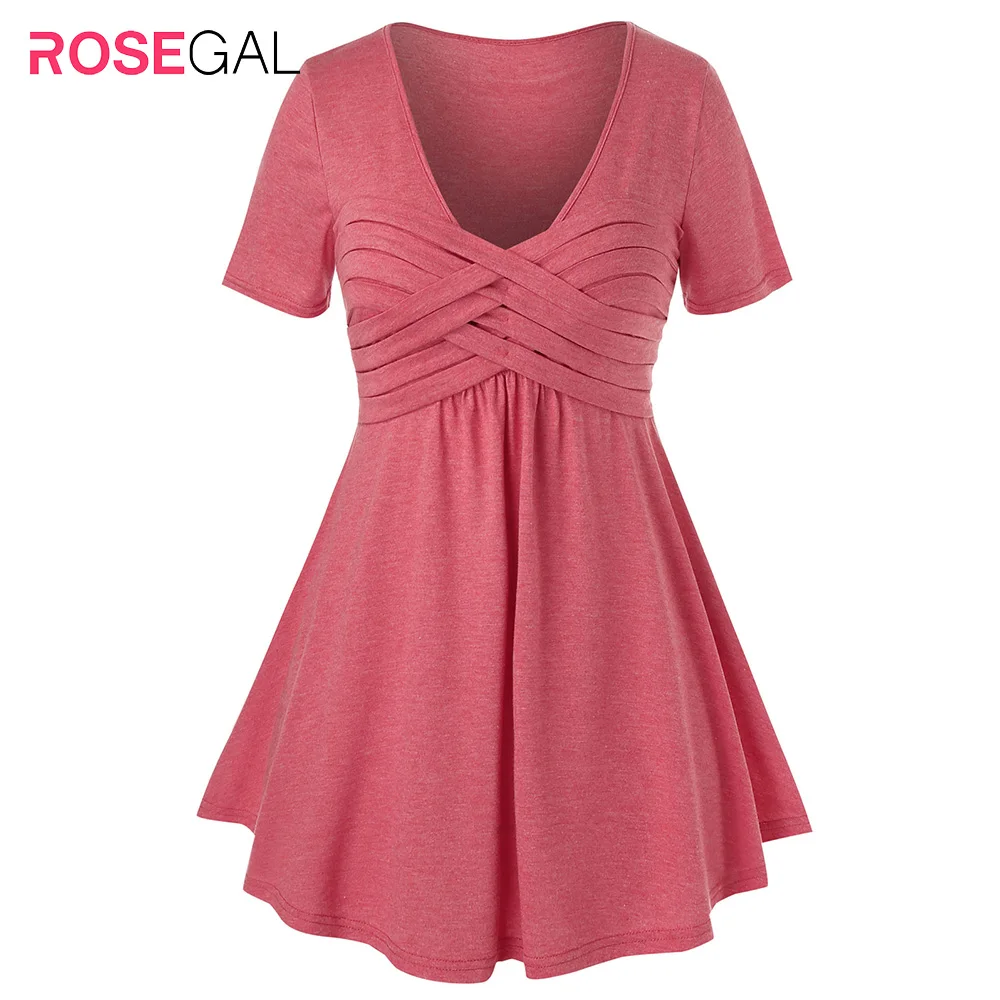 

ROSEGAL Plus Size Crisscross Tee V-Neck Casual Short Tops Short Sleeve Women T-Shirt Solid 2020 Fashion Spring Summer Long Shirt