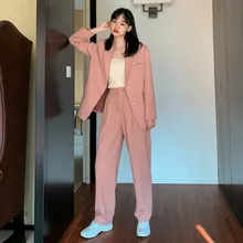 Брюки, женский костюм, длинный Повседневный пиджак, блейзер, женский+ широкие брюки на пуговицах, 2 предмета, женские осенние розовые наряды