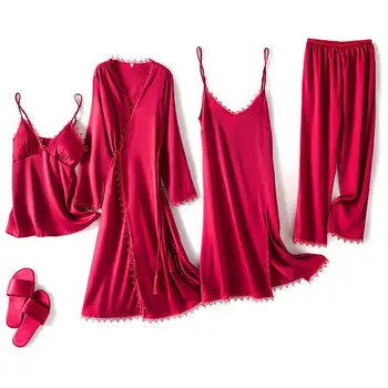 

4PCS Satin Bride Bridemaid Wedding Robe Womem Home Clothes Silky Pajamas Suit Strap Top&Pants Casual Bathrobe Gown Homewear