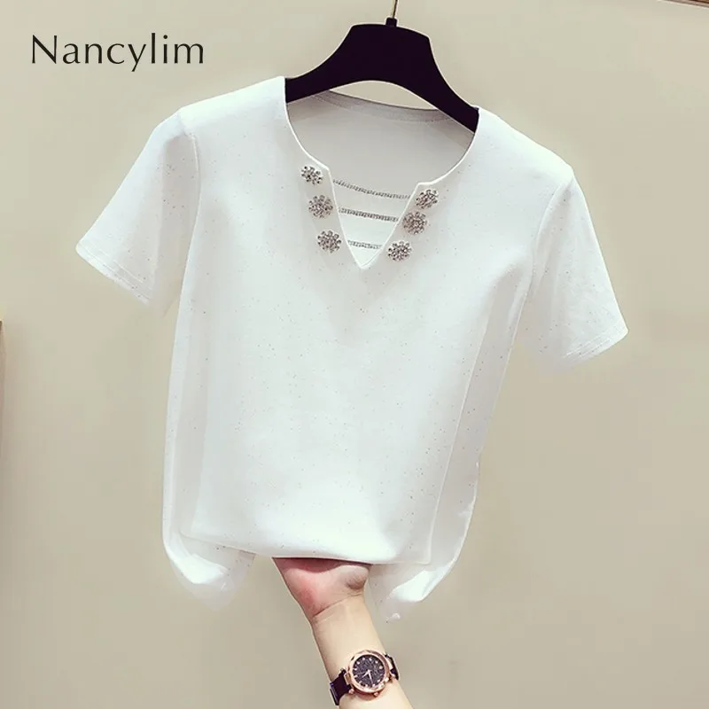 Summer Plus Size Tshirt Female Lady New Diamond Chain Stitching V Collar Short Sleeve Bright Silk T-shirt Casual Joker |