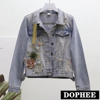 

2020 Spring New Short Coat Women Retro Embroidered Three-dimensional Flower Beaded Diamond Denim Jacket Student Girls Outwear