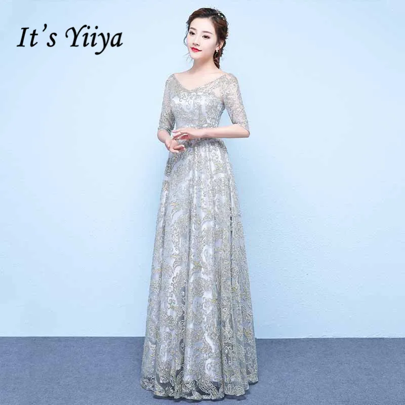 

It's Yiiya Evening Dresses Shiny Glitter A Line Formal Party Dress Long V Neck Half Sleeve Women Evening Gowns Vestidos K211