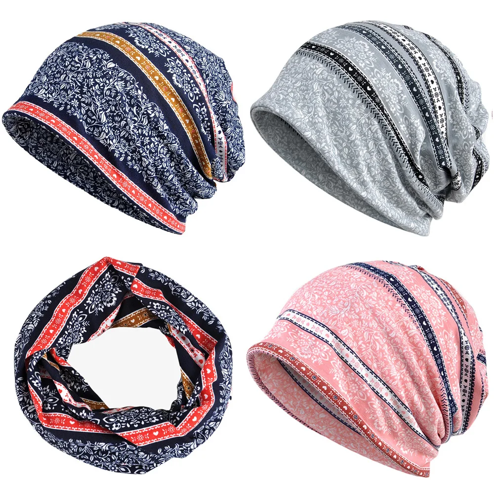 Women Ladies Stripe Slouchy Beanie Hat Flower Hats Multi-Use Elastic Soft Cap Neck Scarf