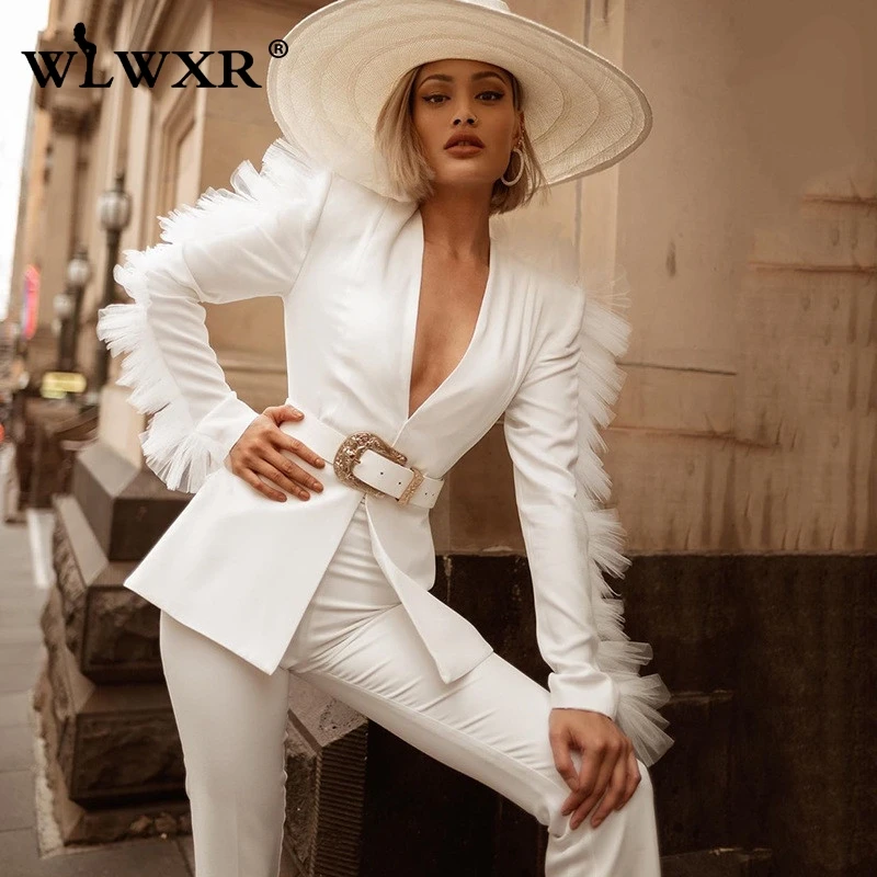 WLWXR Ruffls Белый Черный Женский комплект 2 шт. костюм с v-образным вырезом сетка сексуальный жакет и шорты женский комплект для женщин офисный клуб наряды