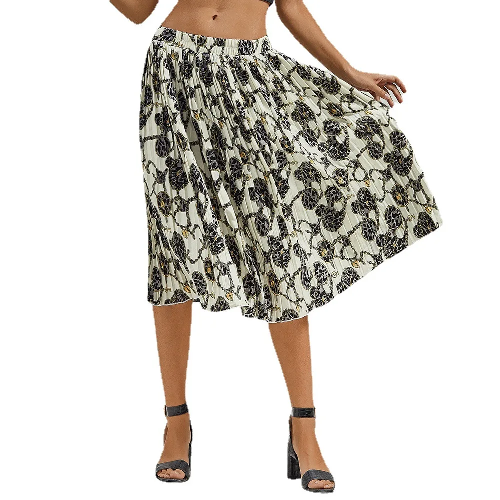 

Summer Skirts High Waist Elegant Print Chiffon Pleated Skirt Midi Casual Robes Mujer Faldas JR2240