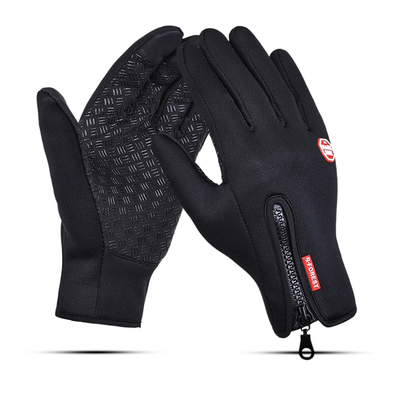 Зимние водонепроницаемые перчатки с сенсорным экраном, противоскользящие перчатки на молнии для мужчин и женщин, для катания на лыжах, теплые пушистые удобные Утепленные Перчатки - Цвет: Black
