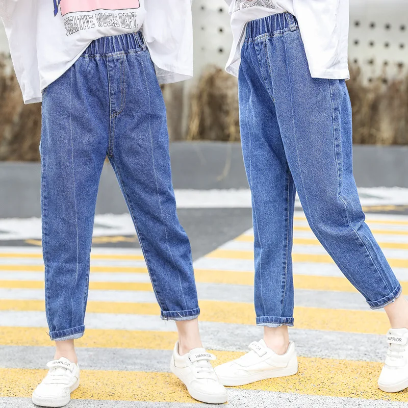Детские штаны Весна-Осень г., новые стильные осенние джинсы для девочек универсальные штаны с высокой талией в Корейском стиле для больших мальчиков