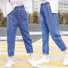 Детские штаны Весна-Осень г., новые стильные осенние джинсы для девочек универсальные штаны с высокой талией в Корейском стиле для больших мальчиков