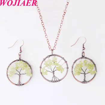 

Natural Olive green Chip Stone Tree of Life Pendant Antique Copper Wire Wrap Round Pendants Necklace Earrings WOJIAER PQ8017