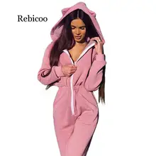 Rebicoo Осень Зима Новая повседневная толстовка женский комбинезон полный рукав молния свободный с капюшоном кошачьи уши декоративный розовый костюм