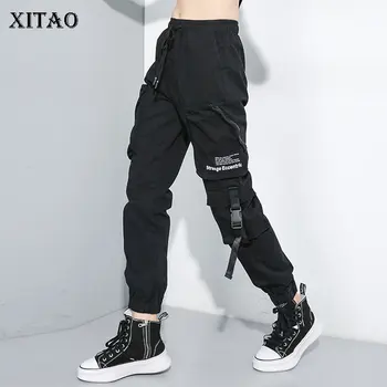 

XITAO Slim Drawstring Pants Women Elastic Waist Pocket Patchwork Black Minority Small Fresh New 2019 Autumn Harem Pants GCC1548