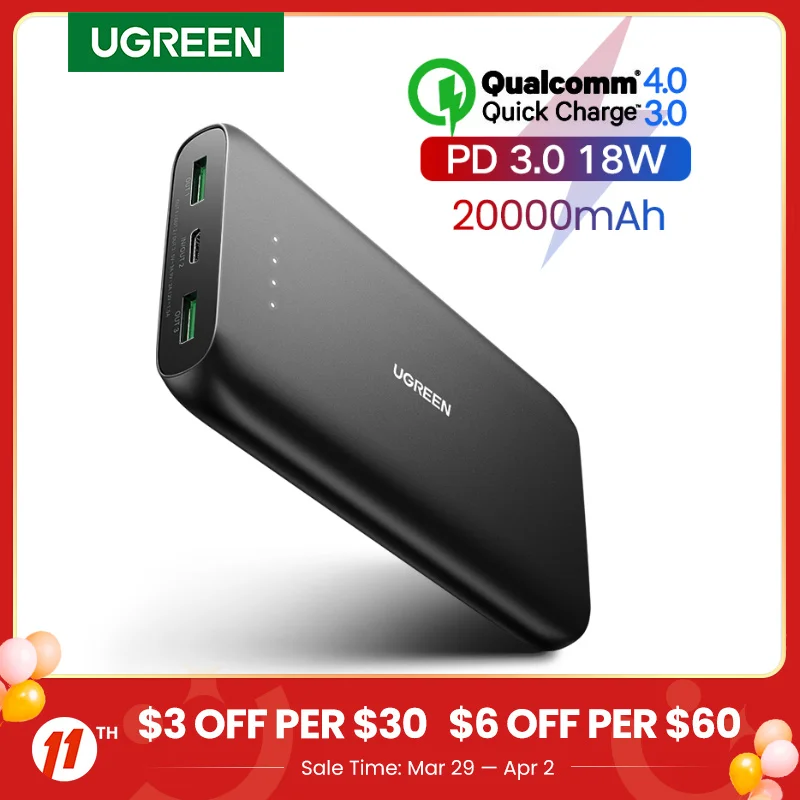 Ugreen Power Bank 20000mAh External Mobile Battery Charger Portable Fast Phone for S10 HuaweiP30 Pro PD 3.0 Poverbank | Мобильные