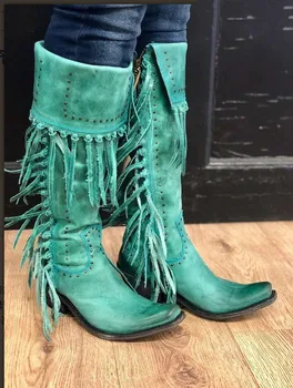 

Women 2020 Mid-calf Low Heel Bohemia Motorcycle Boots Fringed Cowboy Boots Shoes Spring Autumn Women Boots Dropship