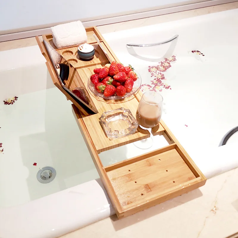 Bath Bamboo Sink Rack Bathtub Wind Rack Mobilephone Tablet Computer Shower Bar Storage Shelf Tray Retractable Bath Bracket