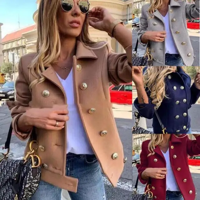 

2020 Turn-down Collar Double Button Slim Solid Color Jackets Casual Work Suit Blazers Women Winter Ladies Coat Wool