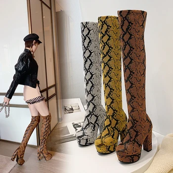 

INS hot women long boots Plus size 22-26.5cm Snake microfiber over the knee Booties for women winter boots women super high heel
