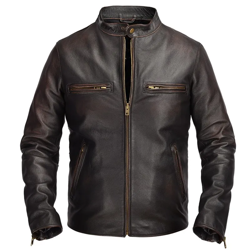 

2020 Vintage Brown Men Slim Fit Biker's Leather Jacket Large Size XXXXXXL Genuine Cowhide Autumn Motorcycle Leather Coat