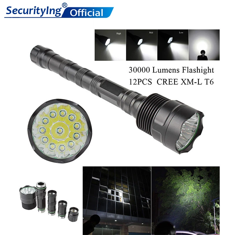 

SecurityIng 30000Lumen XM-L LED 12x T6 LED Torch Super Flashlight Lamp Rechargeable Light with 5 Modes for Outdoor / Hiking