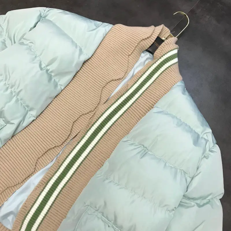 winter new knitted thread edge stitching double pocket hit color warm cotton clothing cotton coat female tide