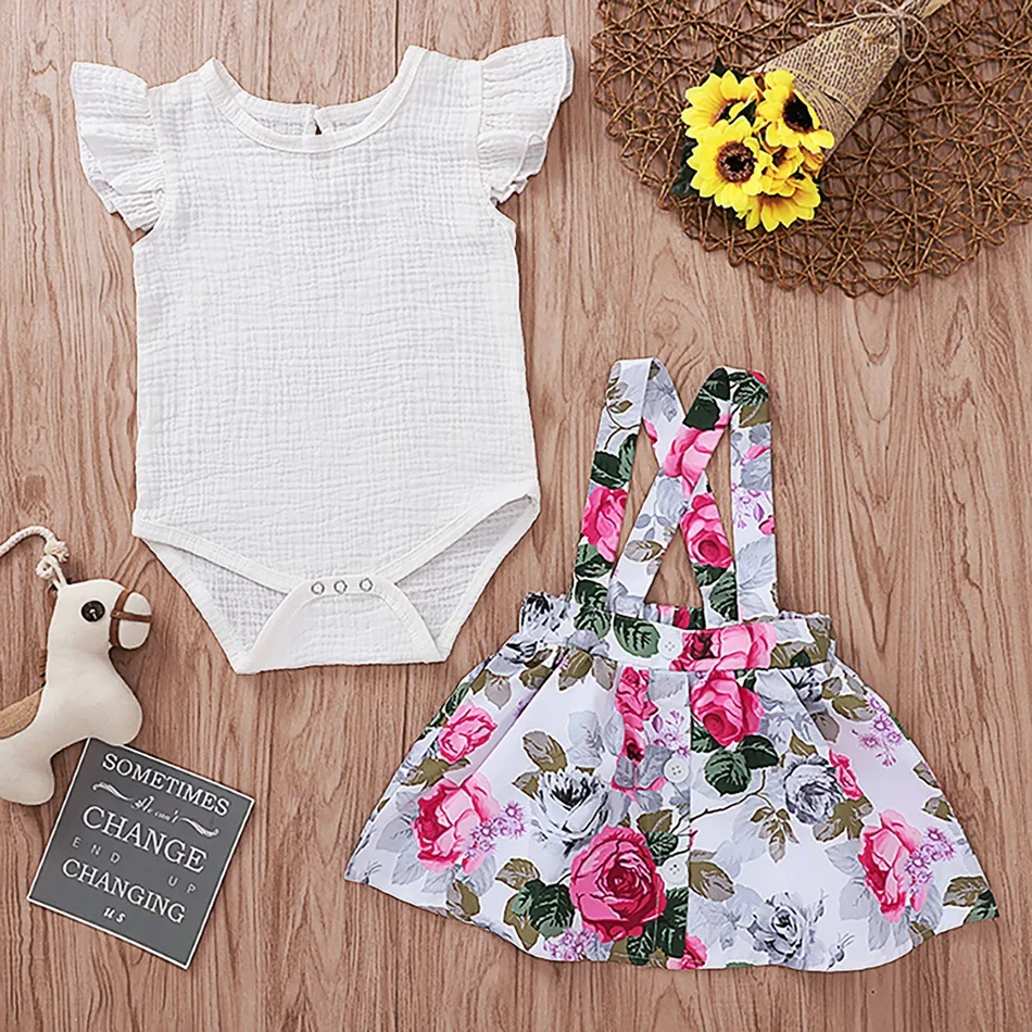 

INS Platform Children Baby One-piece Romper with Small Floral Printed Strapped Dress Two-Piece Set