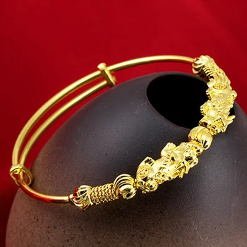 

Double Pixiu Golden Wealth Bangle Retro Ethnic Style Adjustable Women Bangle DIN889