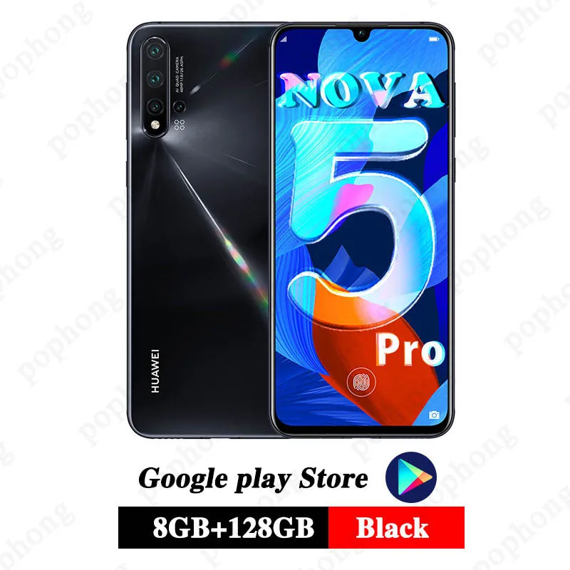 huawei Nova 5 pro, 8 ГБ, 128 ГБ, мобильный телефон, четыре ядра, 6,39 дюймов, OLED, Android 9,0, 3500 мАч, встроенный экран, отпечаток пальца, Google play - Цвет: 8G 128G Black