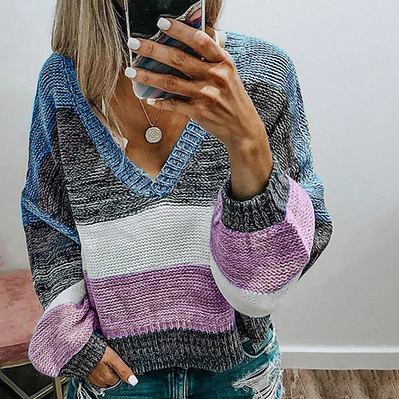 2020 Autumn/Winter New Stripe European And American Casual Loose V Neck Warm Long Sleeve Knit Sweater Women Work Office Wear