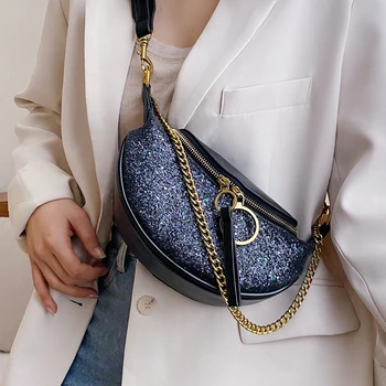 

AOILDLLI Stylish Chain Sequin Women Chest Bags Wide Belt Design Female Shoulder Bags Saddle Ladies Crossbody Bags Spring 2020