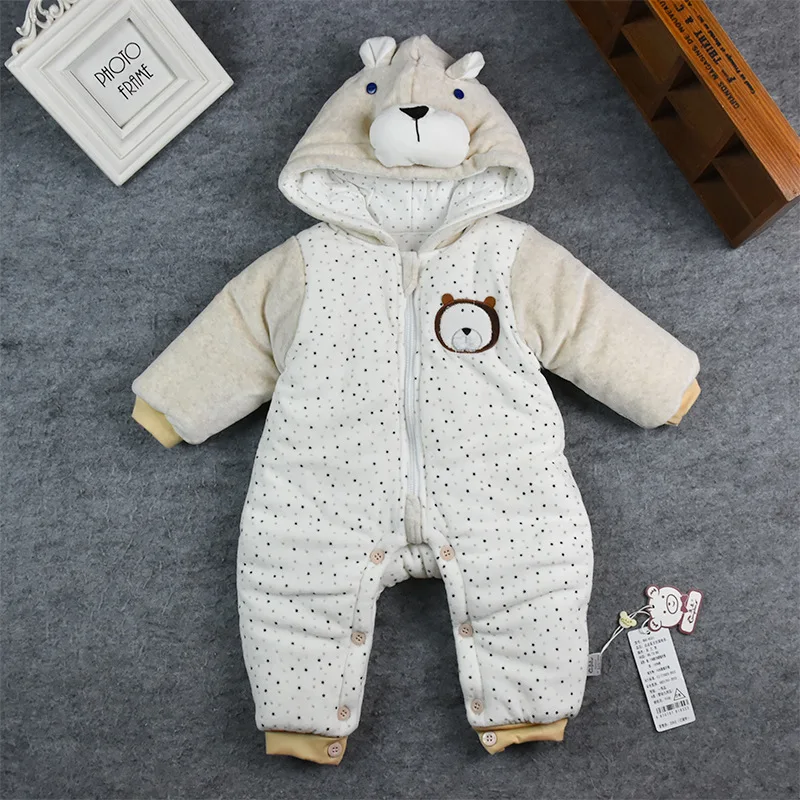 

New Style Baby Thick Cotton Romper Geng Chen Infant One-piece Thick Buttons Crotch Embroidery Zipper Hooded