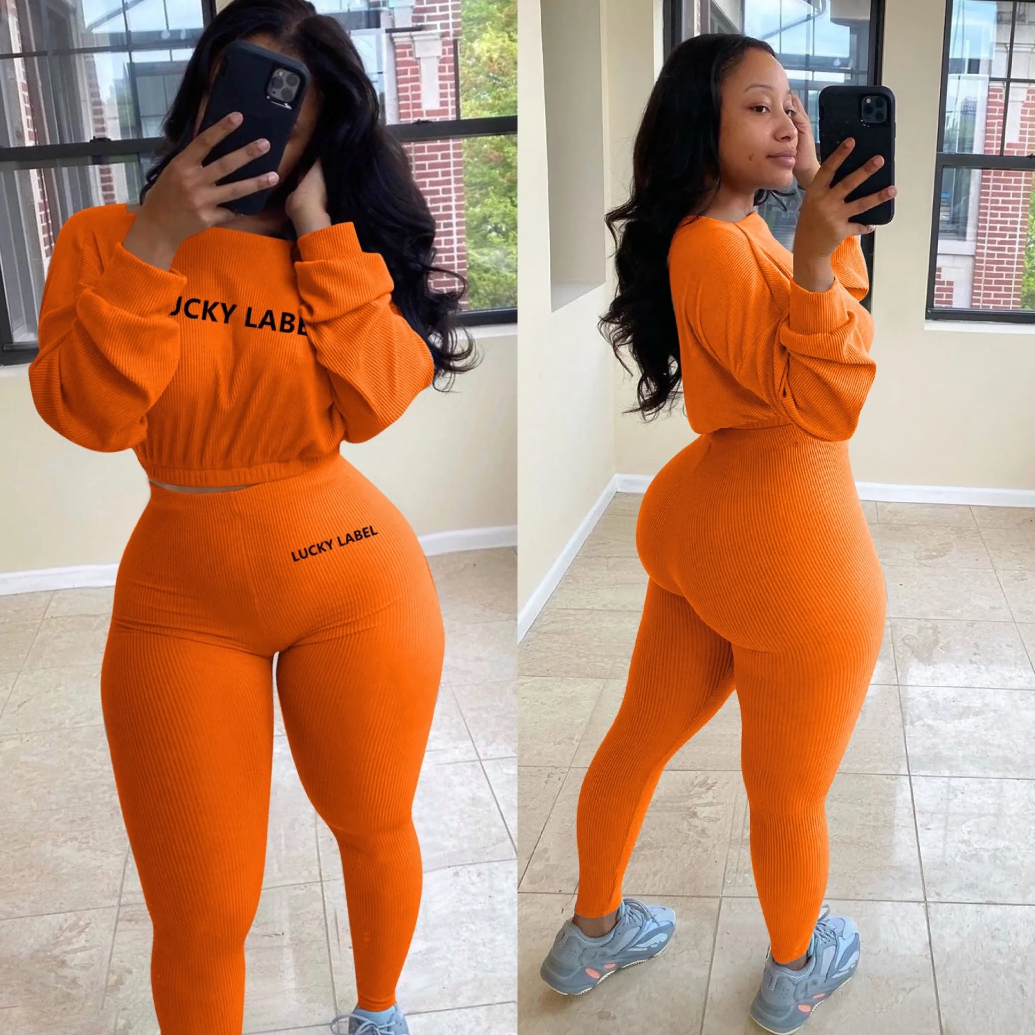 

Fall New Lucky Label Embroidery Two Piece Outfit Women's Suit Long Sleeve Bandage Crop Top High Waist Skinny Legging Activewear