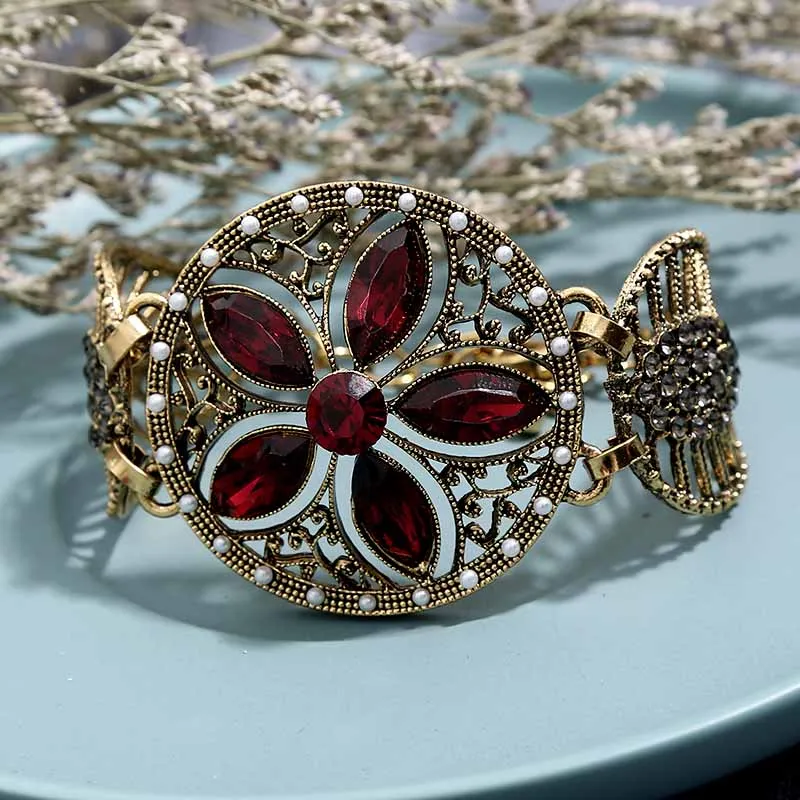 Crazy Feng красный зеленый CZ Большой браслет для женщин античные, винтажные украшения золотого цвета турецкие вечерние браслеты Bijoux - Окраска металла: 924