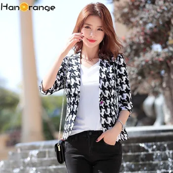 

HanOrange Chequered Retro Leopard Print Small OL Women Plaid Short Blazer 2020 Spring Autumn 3 Quarter Sleeve Jacket
