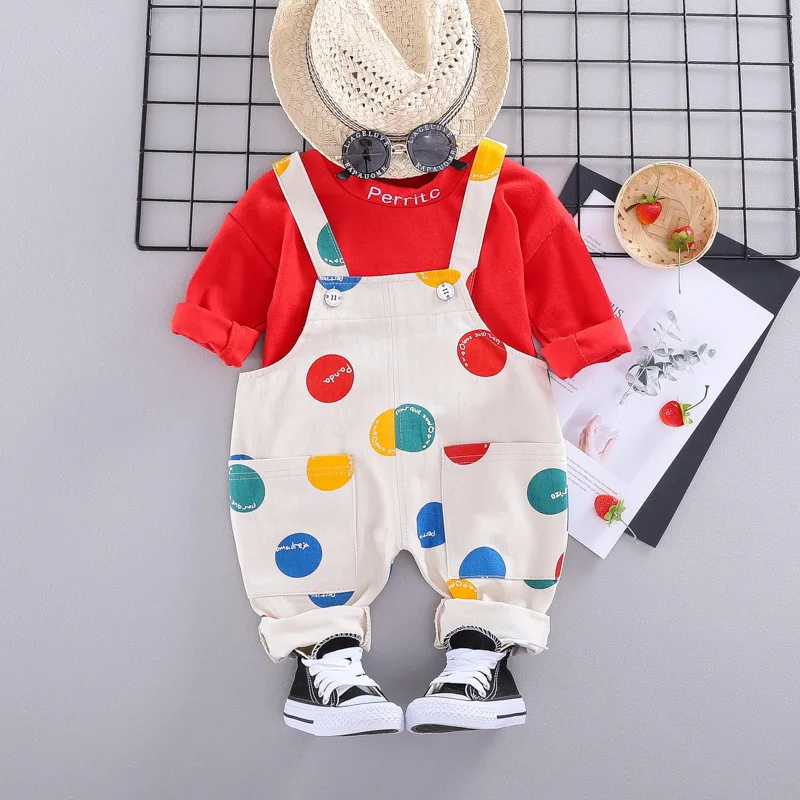 

Unisex Baby Set Red Green T-shirt+Dot Belt Jeans 2PCS Casual Baby Suit For Boy Girl Toddler Cotton Brand Newborn Outfit 1-3 Year