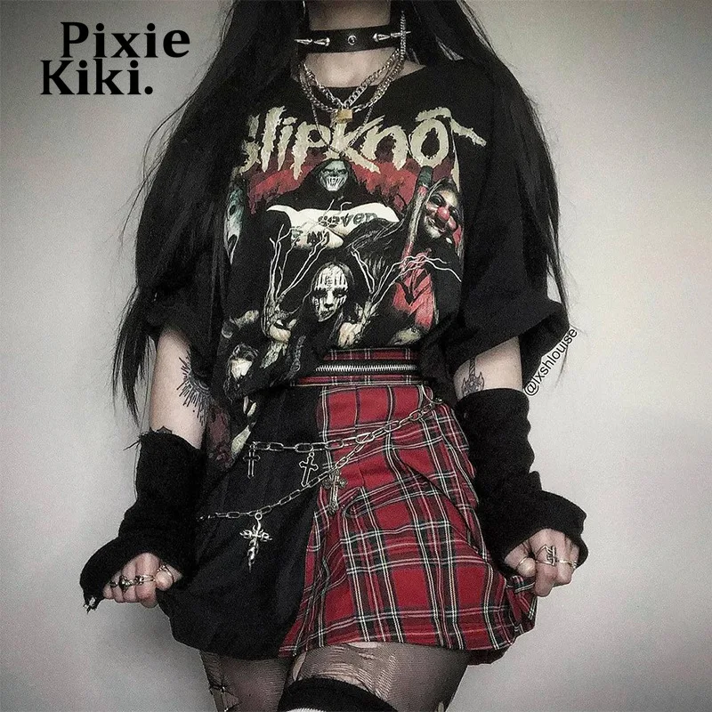 Pixiekiki Chain Red Plaid Mini Skirts Gothic Grunge Clothes Emo Style
