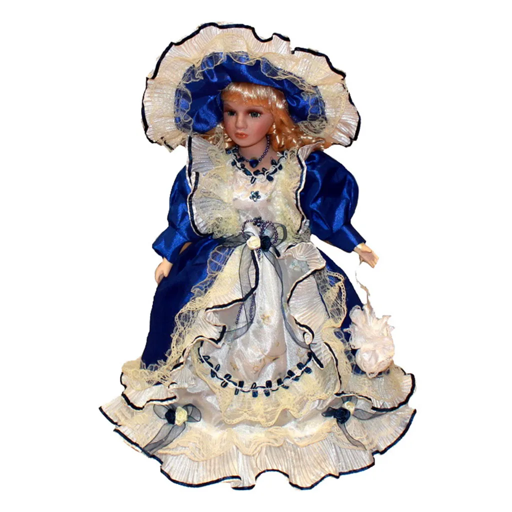 40cm Victorian Porcelain Doll Splicing Doll Wearing Blue Party Dress Collectible