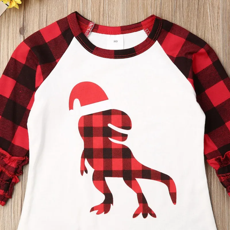 Fashion Children Leisure Shirt Long Sleeve Kids Boys Girls Red Plaid Cartoon Dinosaur Print Comfortable Wave Side Sleeve