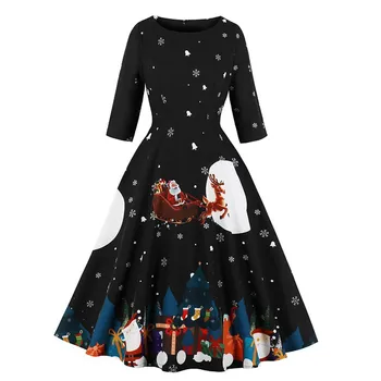 

Women's Fashion Christmas Print Dress O-Neck Zipper Pocket Hepburn Party Dress Vintage Fashion Ladies#45
