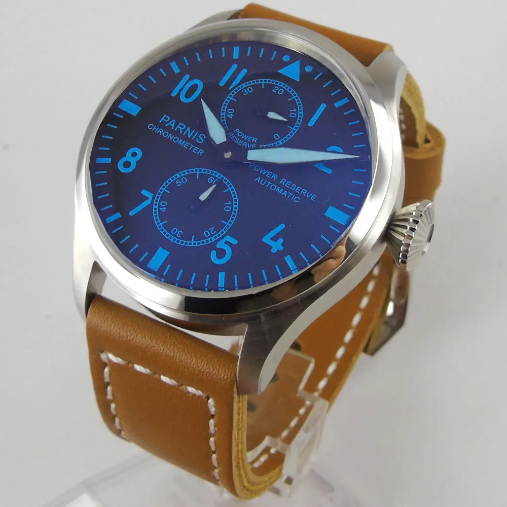 

47mm PARNIS black Dial Blue Marks Power Reserve Leather strap ST Automatic movement mens watch