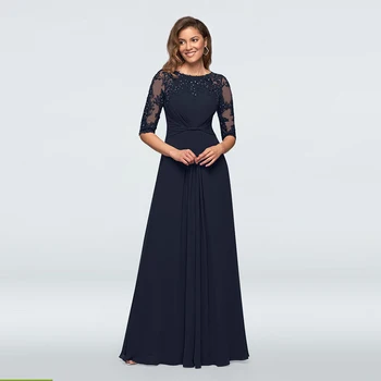 

Graceful A Line Navy Blue Chiffon Lace Mother of the Bride Dresses Half Sleeve Jewel Neck Wedding Guest Gowns Beaded Full Length